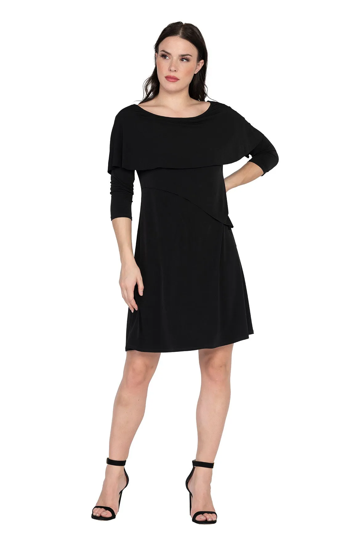 3/4 SLV Wide Bateau Neck Cascade Dress