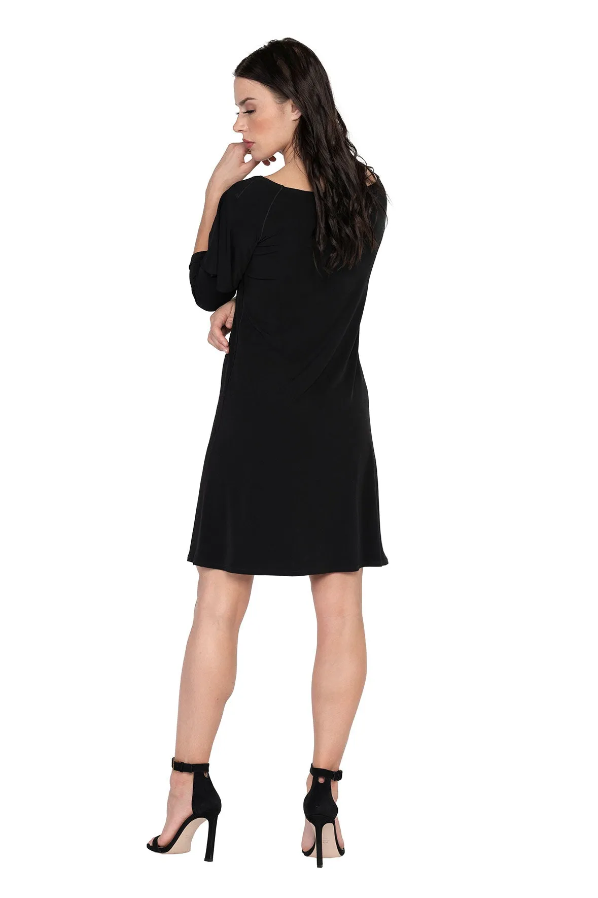 3/4 SLV Wide Bateau Neck Cascade Dress