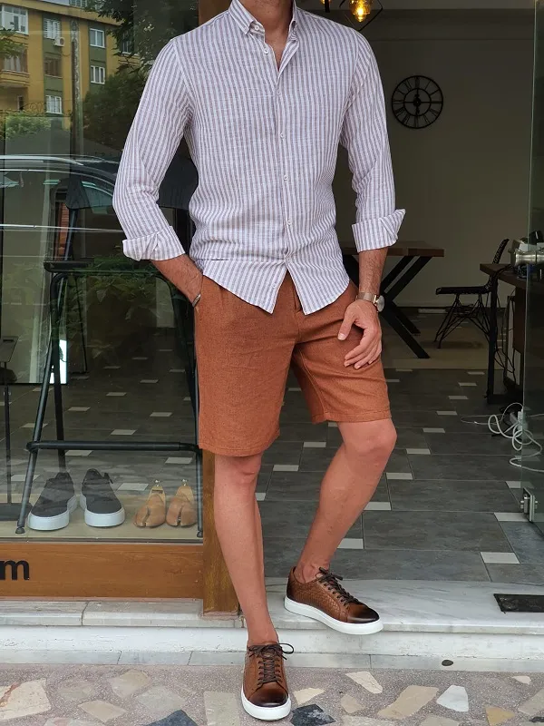 Beige Slim Fit Long Sleeve Striped Cotton Shirt for Men by GentWith.com