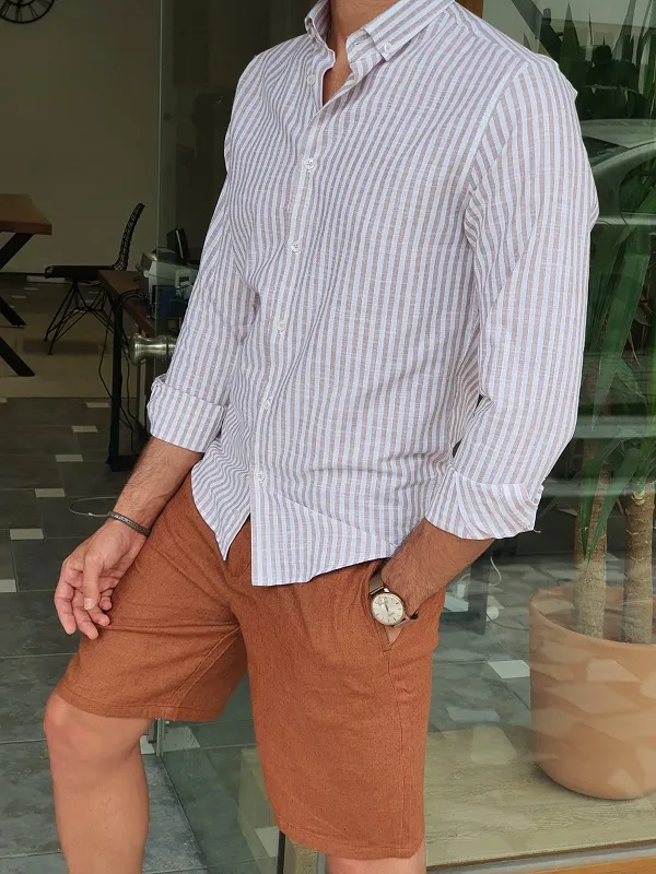 Beige Slim Fit Long Sleeve Striped Cotton Shirt for Men by GentWith.com