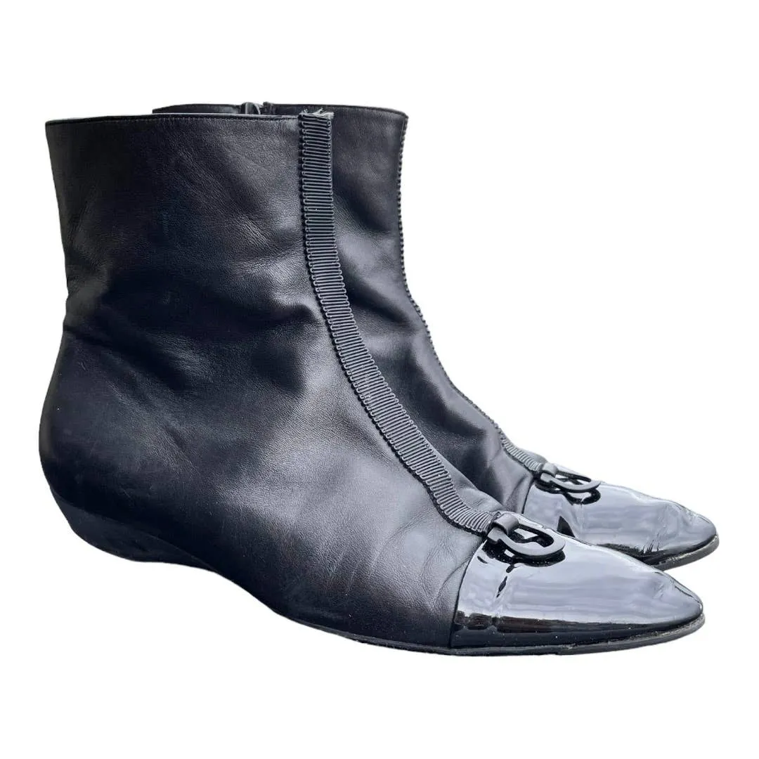 Ferragamo Gancini Leather Patent Booties Boots Size 8 Black