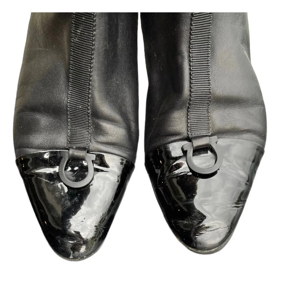 Ferragamo Gancini Leather Patent Booties Boots Size 8 Black