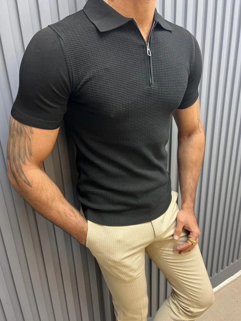 GentWith Pierre Black Slim Fit Zipper Polo T-Shirt - GENT WITH
