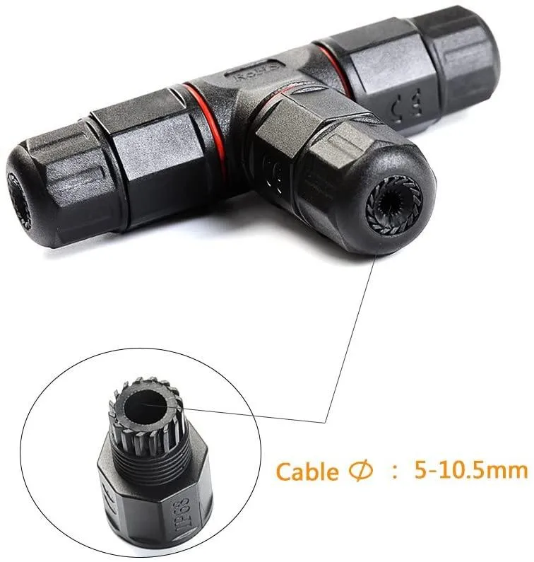 Junction Box Cable Connector Waterproof Outdoor/External Junction Box Cable Connector Sleeve Ø 5mm-10mm (3 Way Black) Pack of 5
