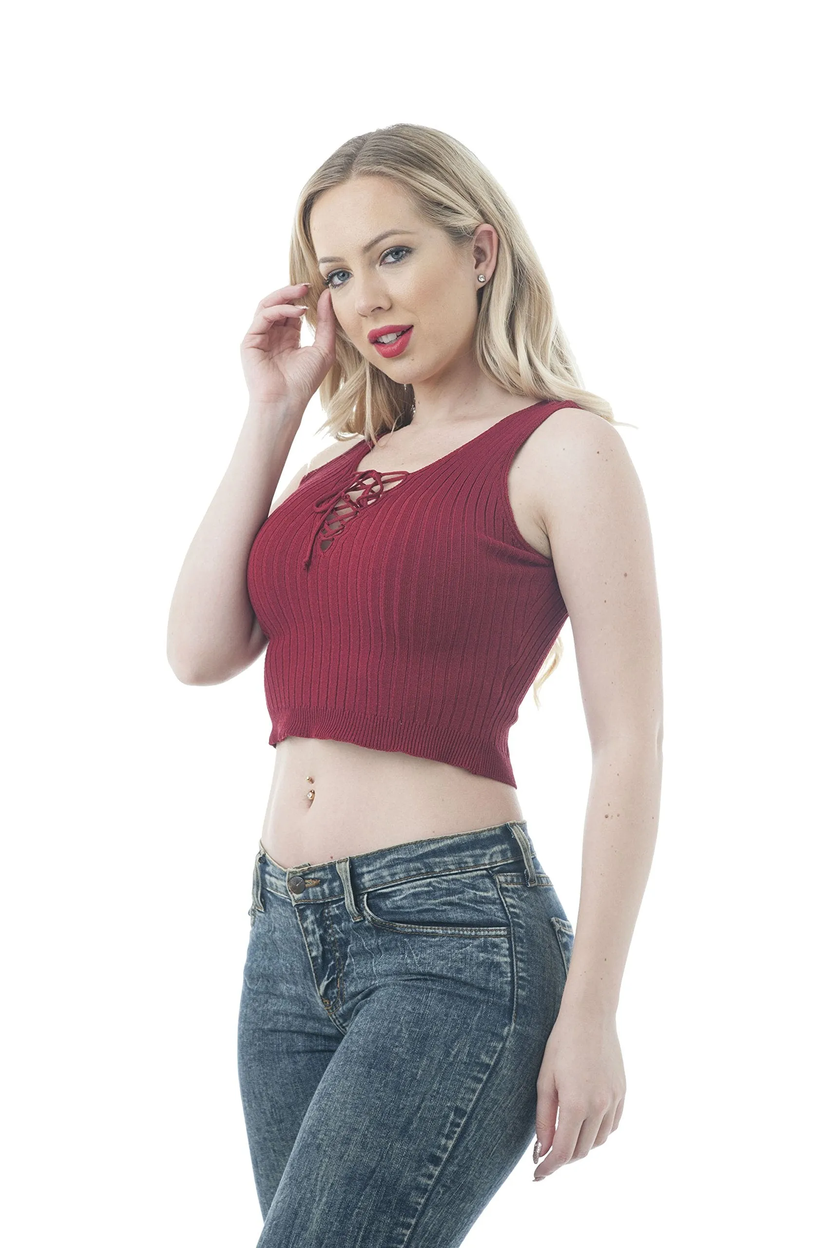 Khanomak Sleeveless Lace Up Knit V Neck Crop Top