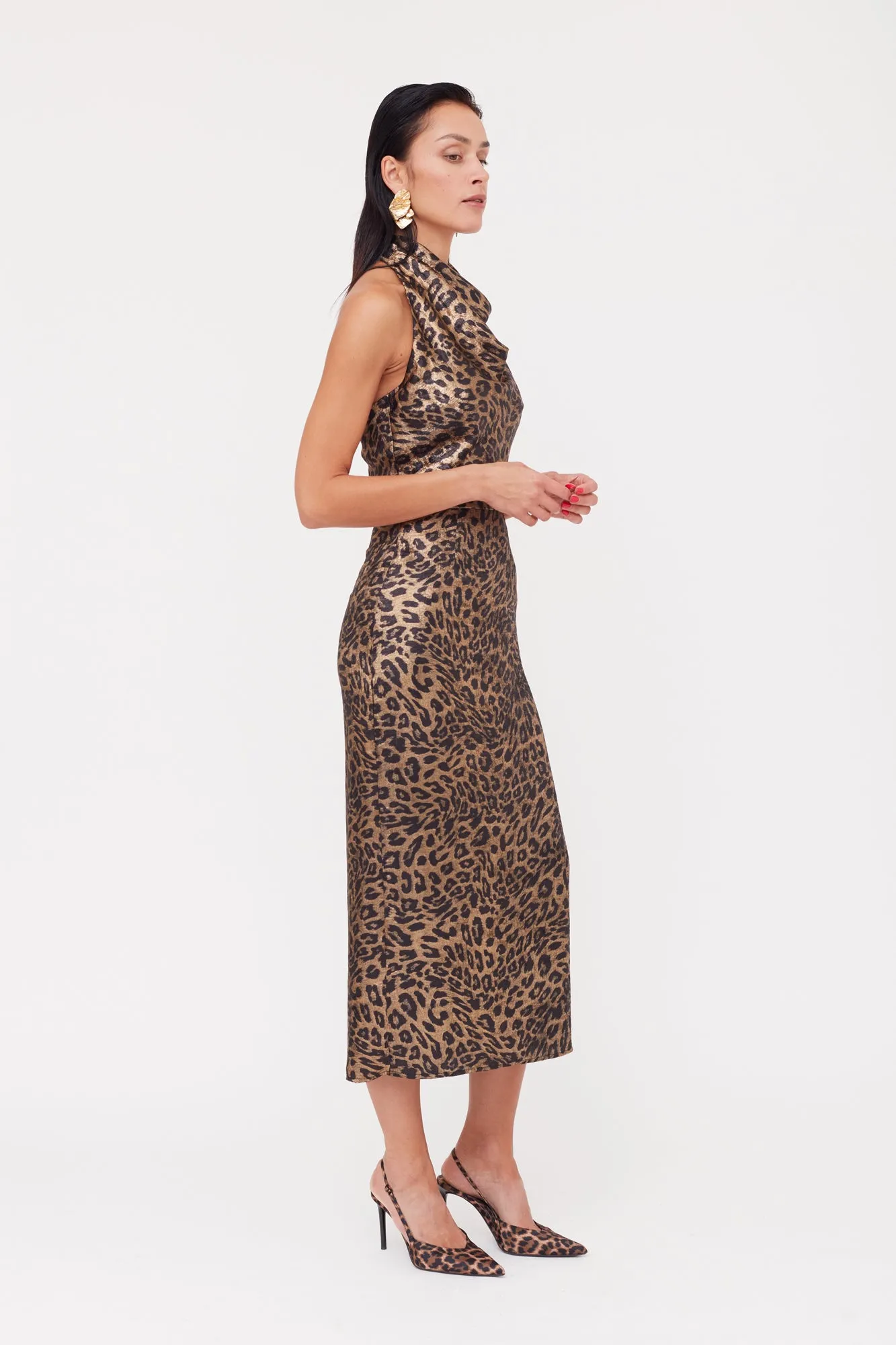 LARA Metallic Animal Print Midi Cowl Neck Dress