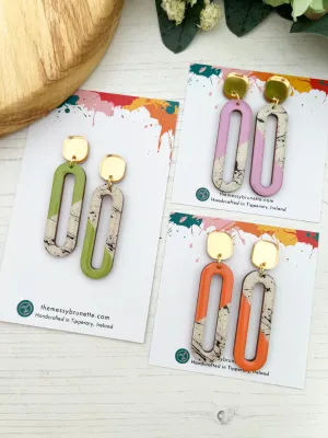 Long Oval Dangle Earrings in Coral, Green and Heather