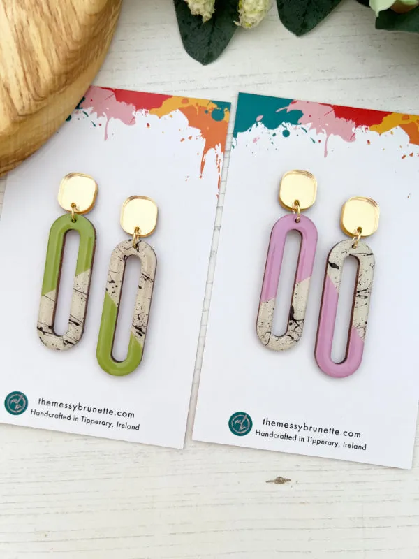 Long Oval Dangle Earrings in Coral, Green and Heather