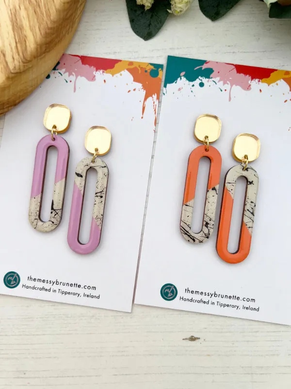 Long Oval Dangle Earrings in Coral, Green and Heather