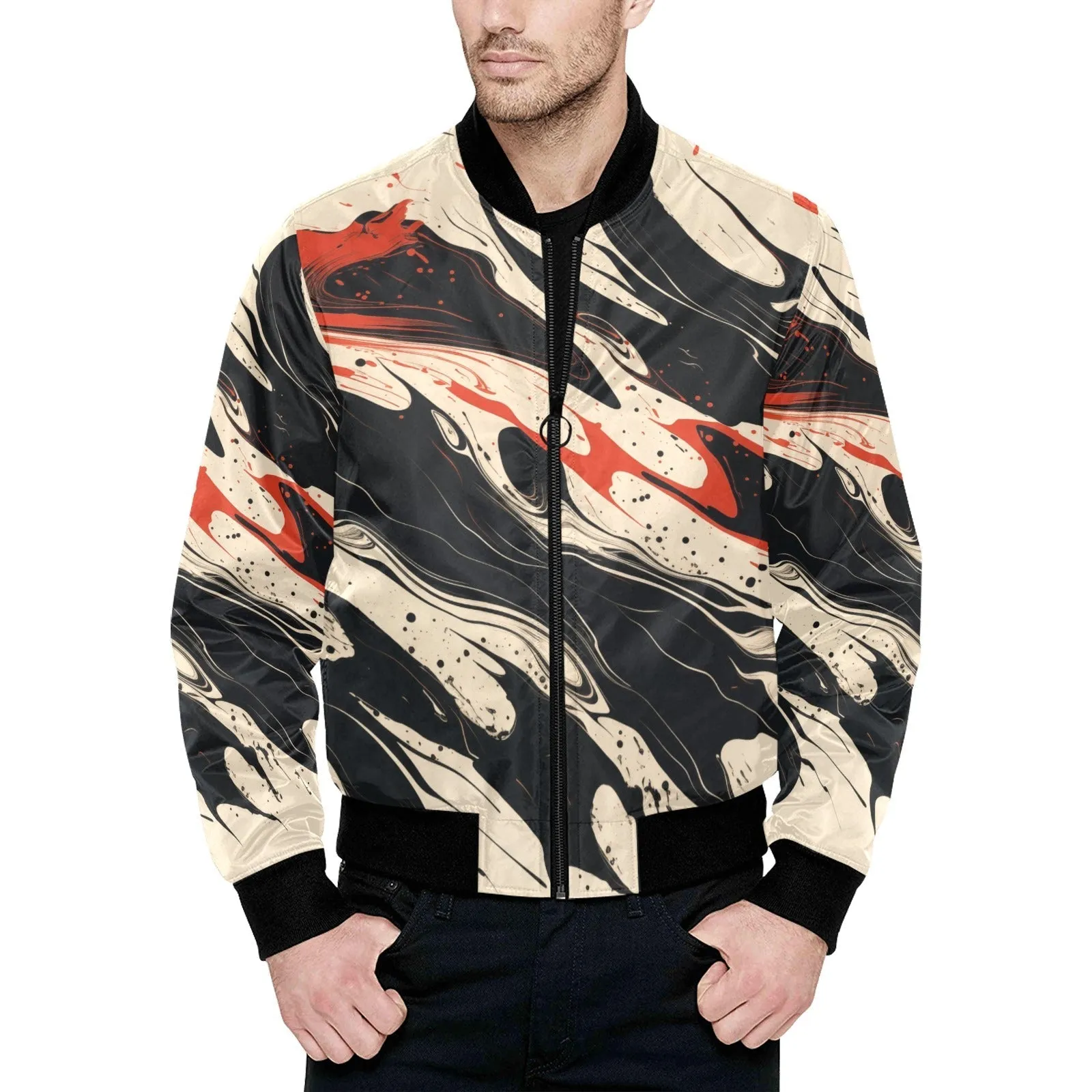 Suminagashi Art Style Black & Red Floating Ink Quilted Bomber Jacket