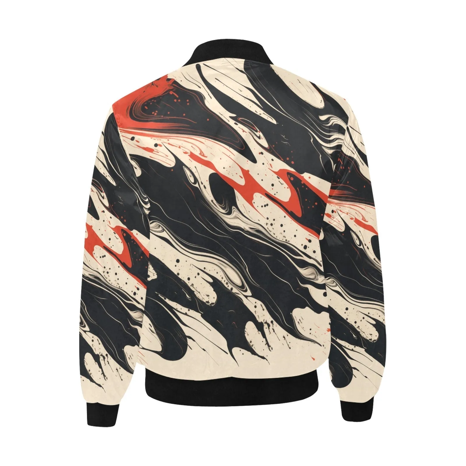 Suminagashi Art Style Black & Red Floating Ink Quilted Bomber Jacket