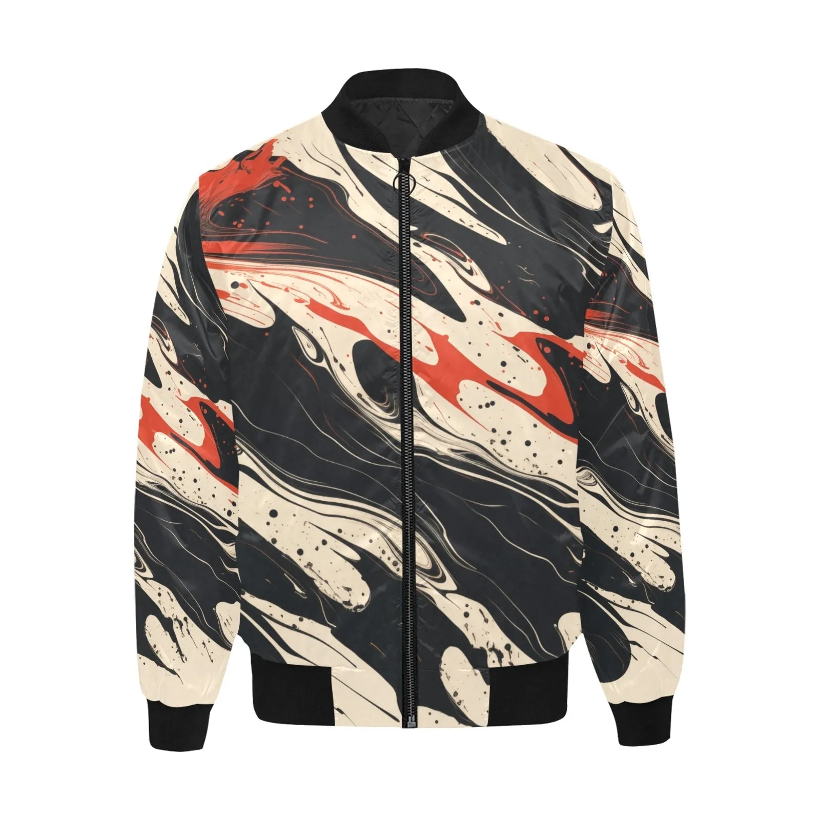 Suminagashi Art Style Black & Red Floating Ink Quilted Bomber Jacket