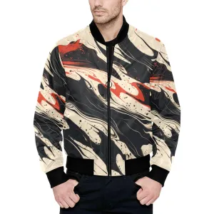 Suminagashi Art Style Black & Red Floating Ink Quilted Bomber Jacket