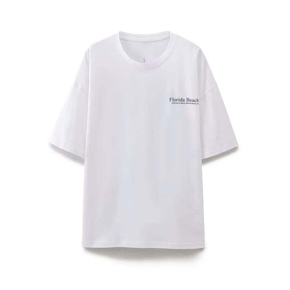 Women Simple Casual All Match round Neck Pullover Short Sleeve Printed Cotton T shirt